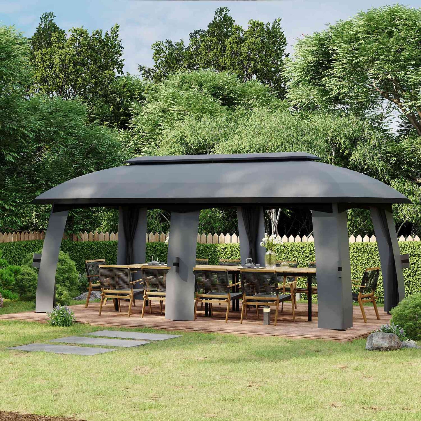 Garden pavilion 3x6m tent, double roof, side walls, dark grey