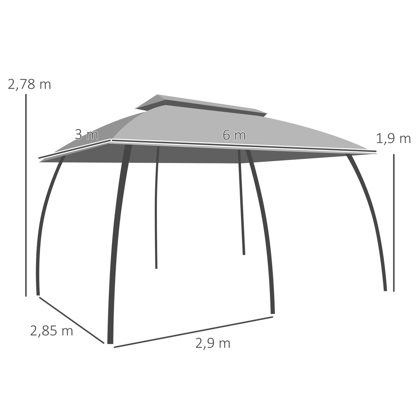 Garden pavilion 3x6m tent, double roof, side walls, dark grey