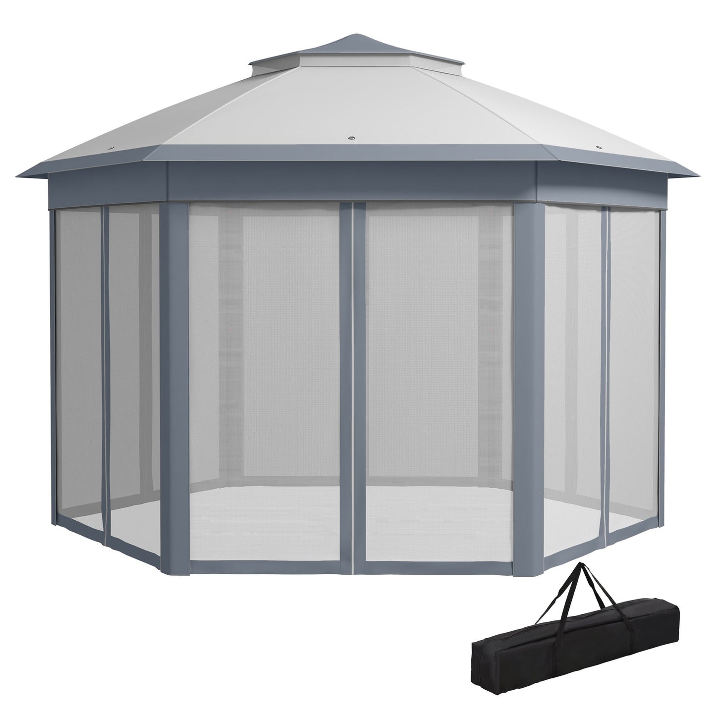 Hexagonal pop-up party tent, 4x4m, with 6 side panels, grey