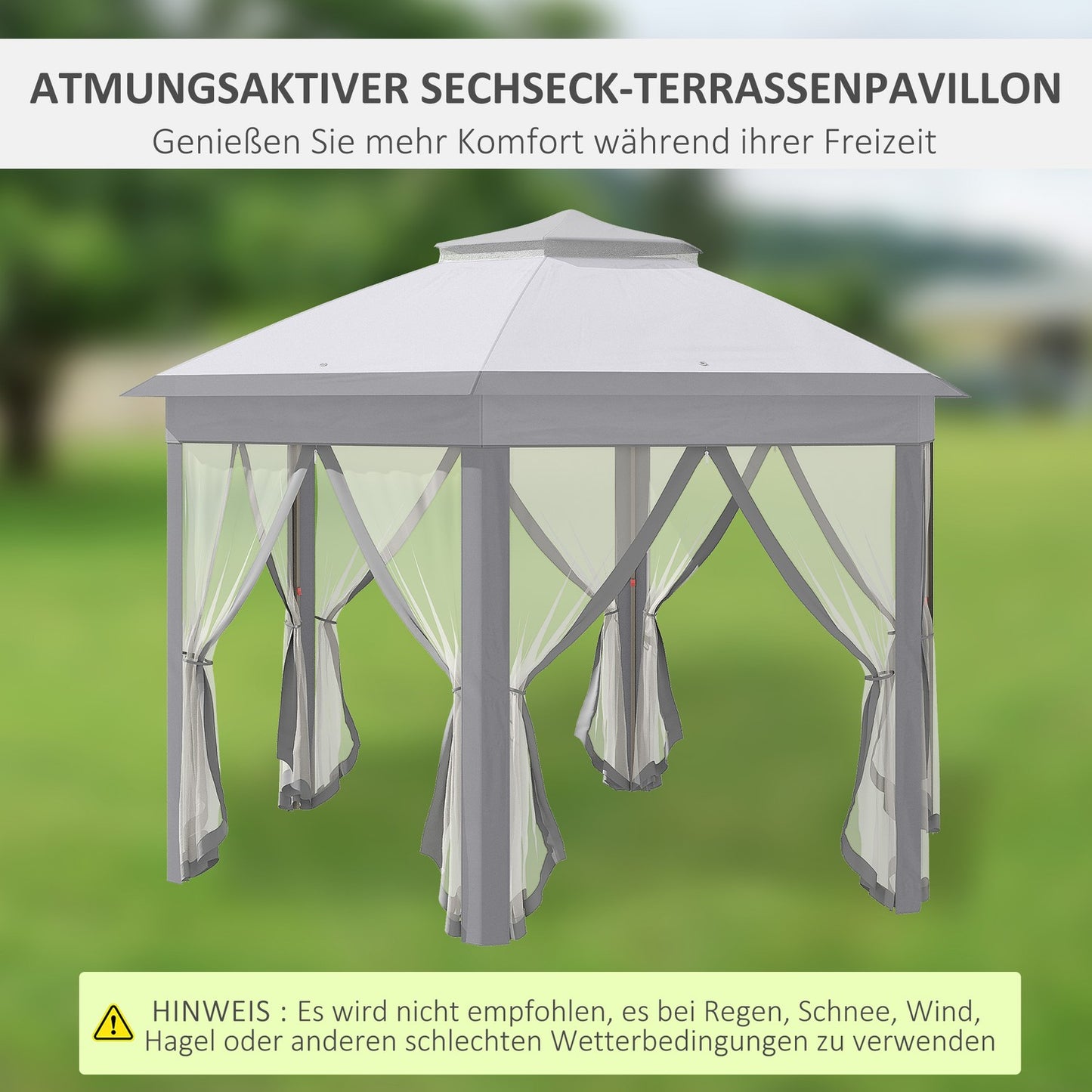 Hexagonal pop-up party tent, 4x4m, with 6 side panels, grey
