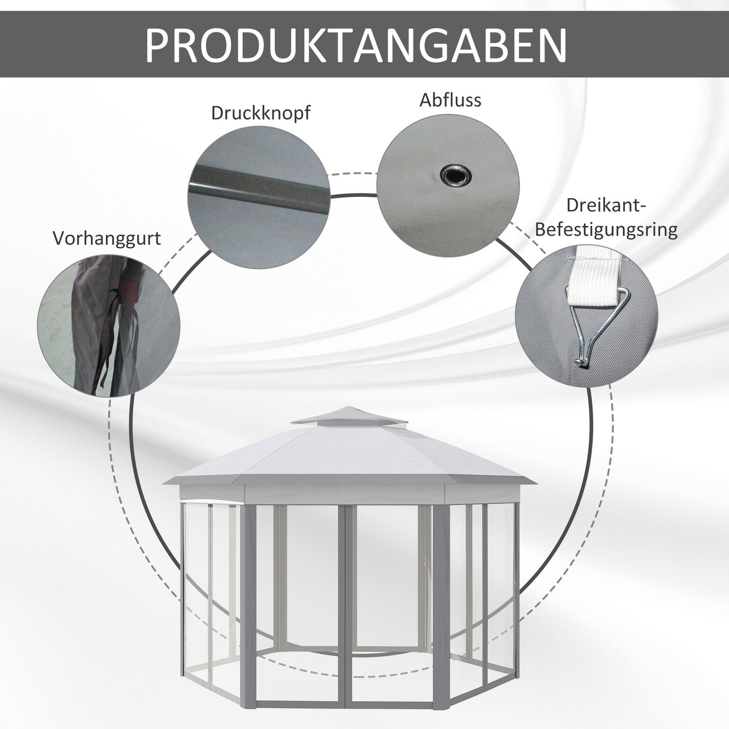 Hexagonal pop-up party tent, 4x4m, with 6 side panels, grey