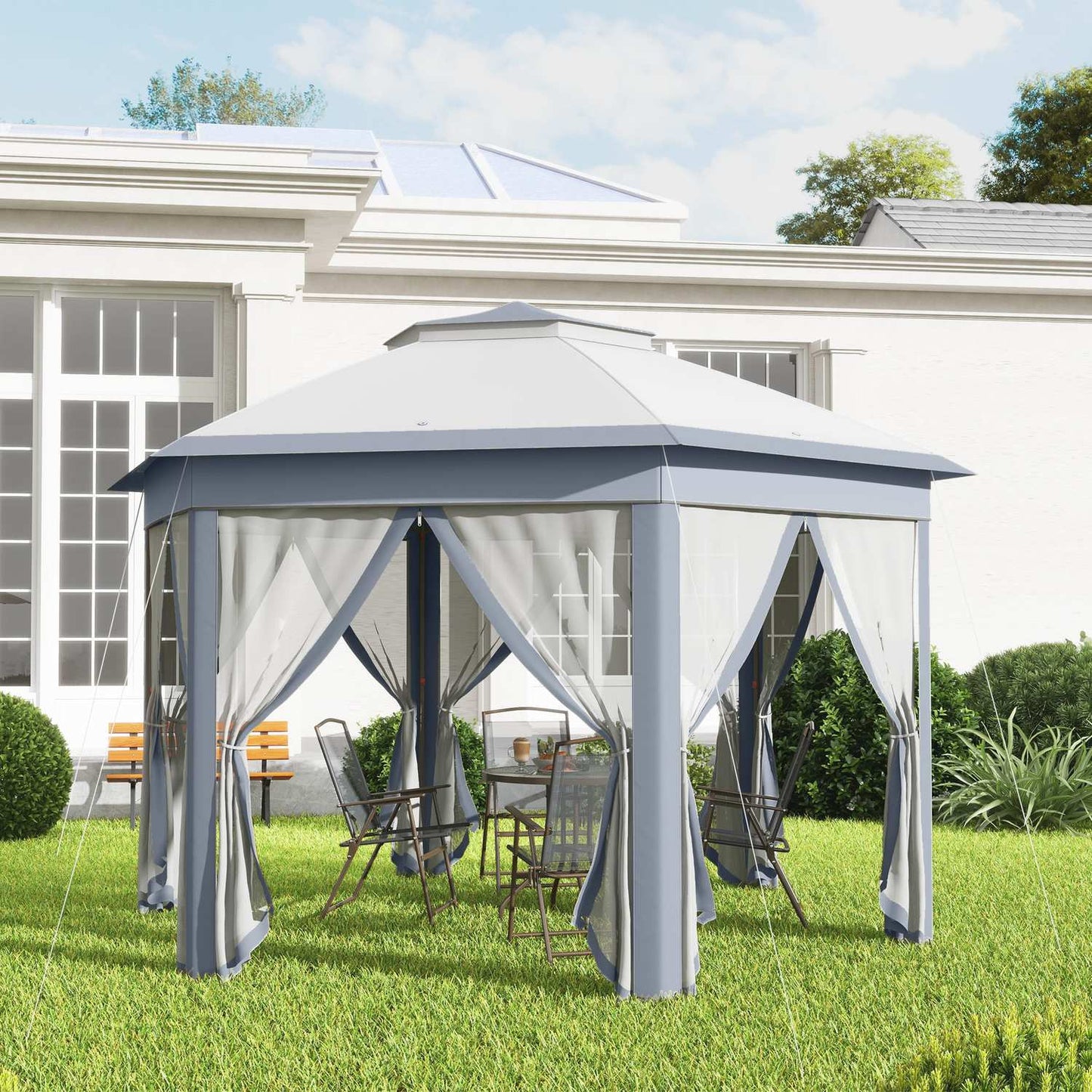 Hexagonal pop-up party tent, 4x4m, with 6 side panels, grey