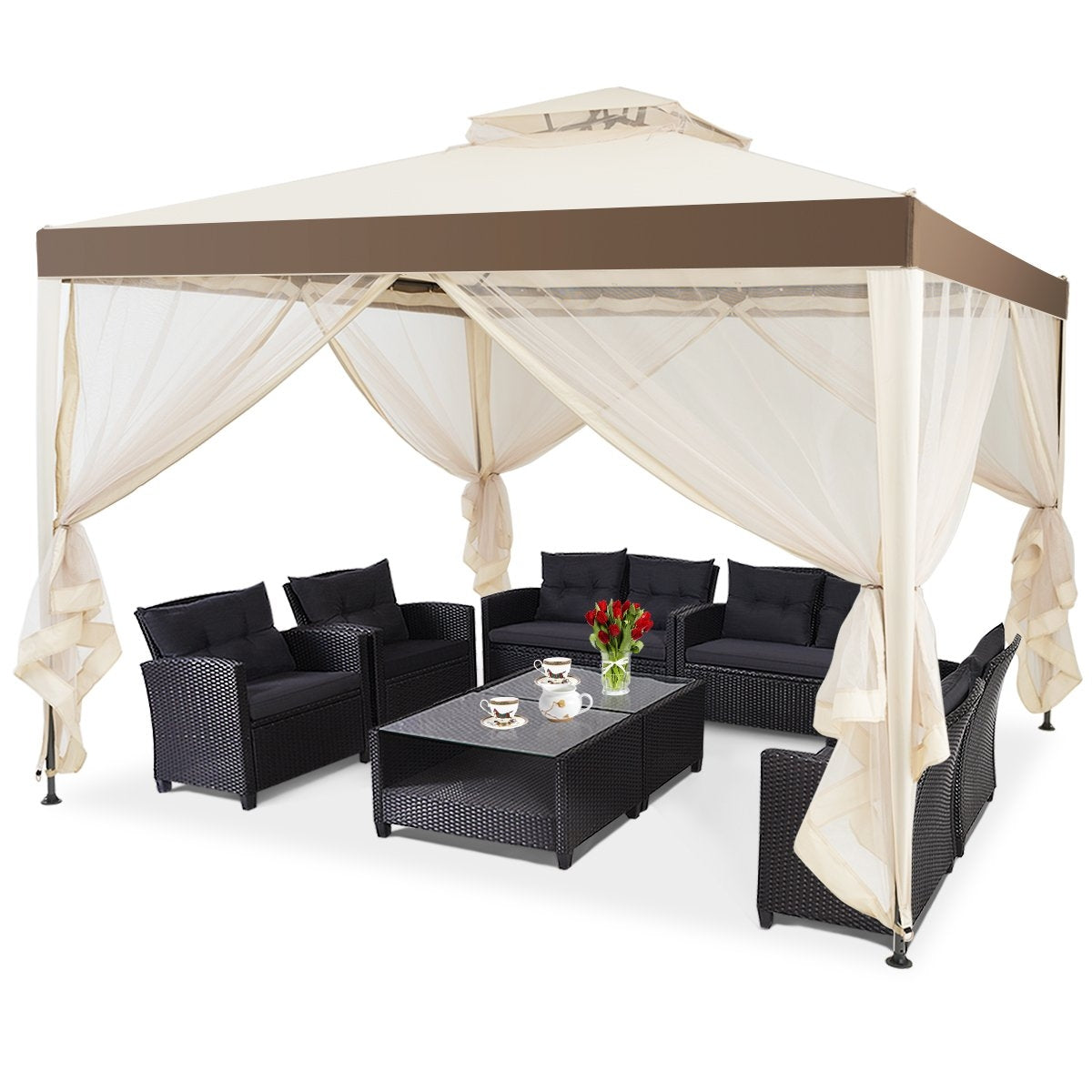 Garden pavilion garden tent camping party tent with 4 side walls 300 x 300 x 265 cm beige