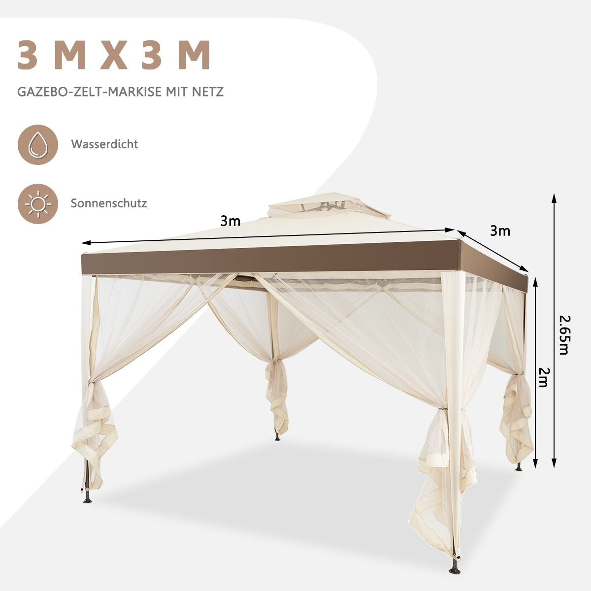 Garden pavilion garden tent camping party tent with 4 side walls 300 x 300 x 265 cm beige