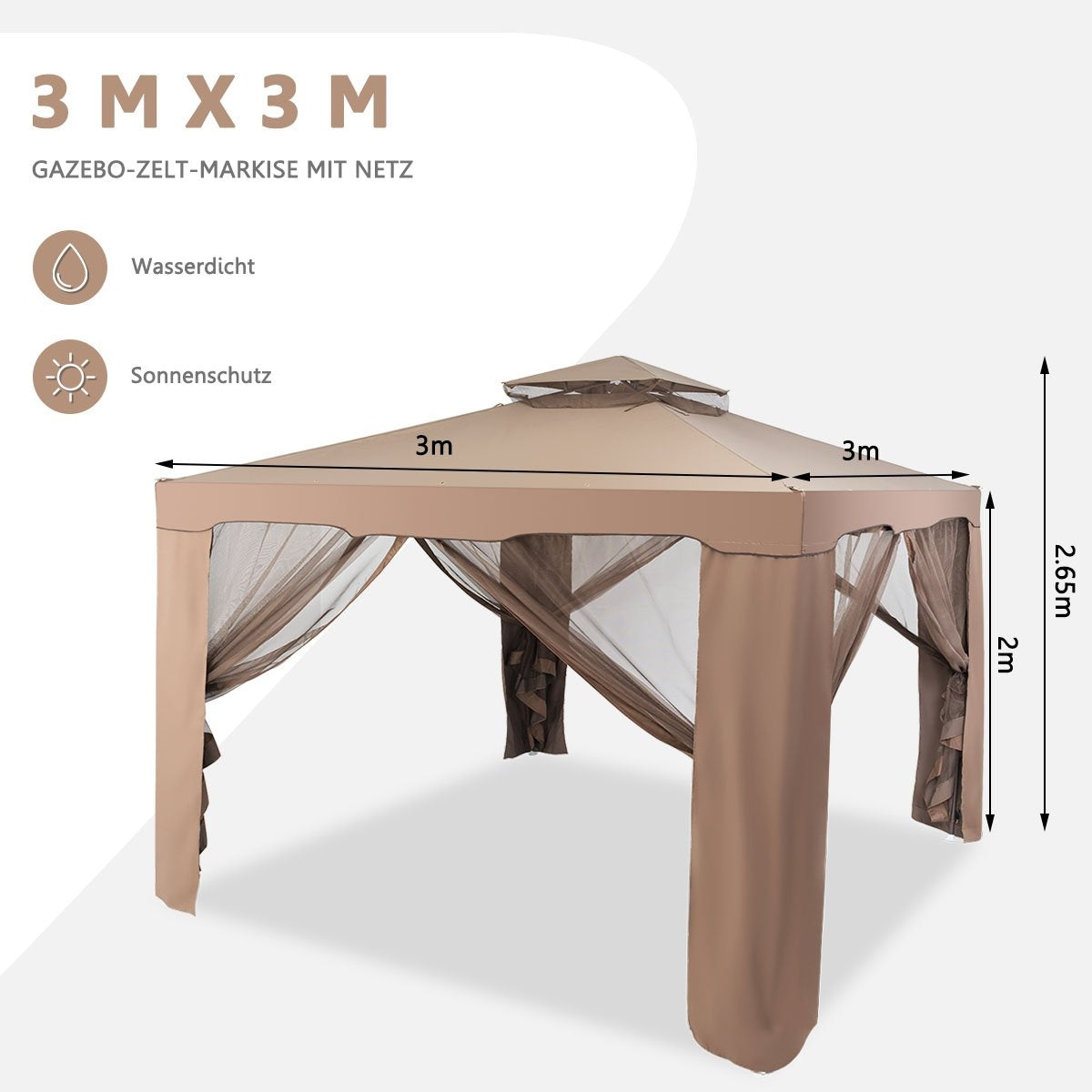 Garden pavilion garden tent camping party tent with 4 side walls 300 x 300 x 265 cm brown