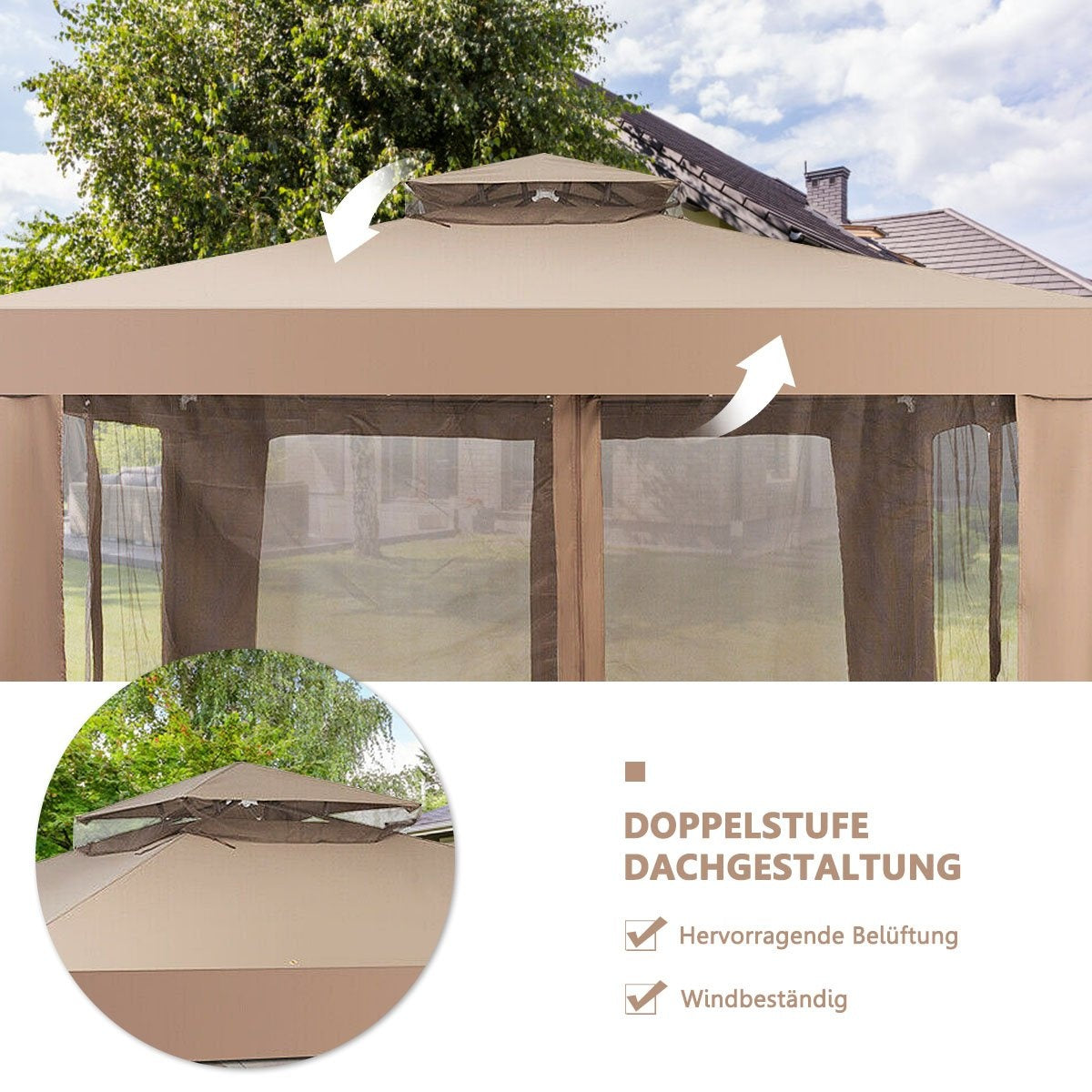 Garden pavilion garden tent camping party tent with 4 side walls 300 x 300 x 265 cm brown