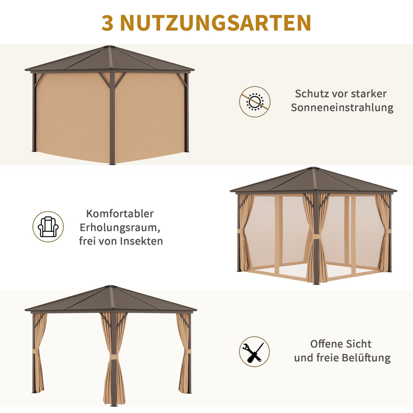 Garden pavilion marquee, 3x3m, double side walls, bronze