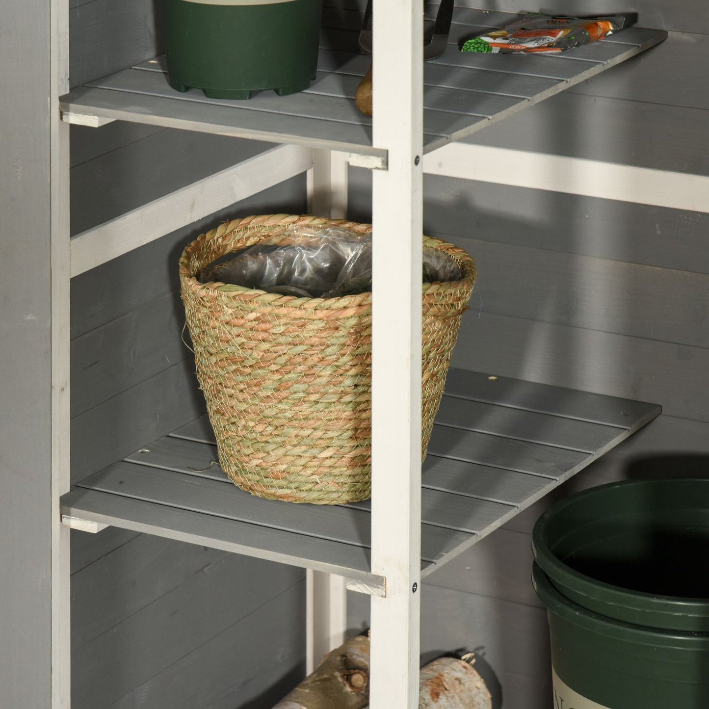 Tool storage for garden shed, spruce, 75x56x115cm, black/grey/white