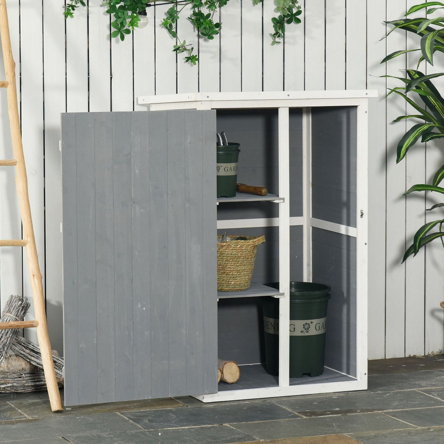 Tool storage for garden shed, spruce, 75x56x115cm, black/grey/white