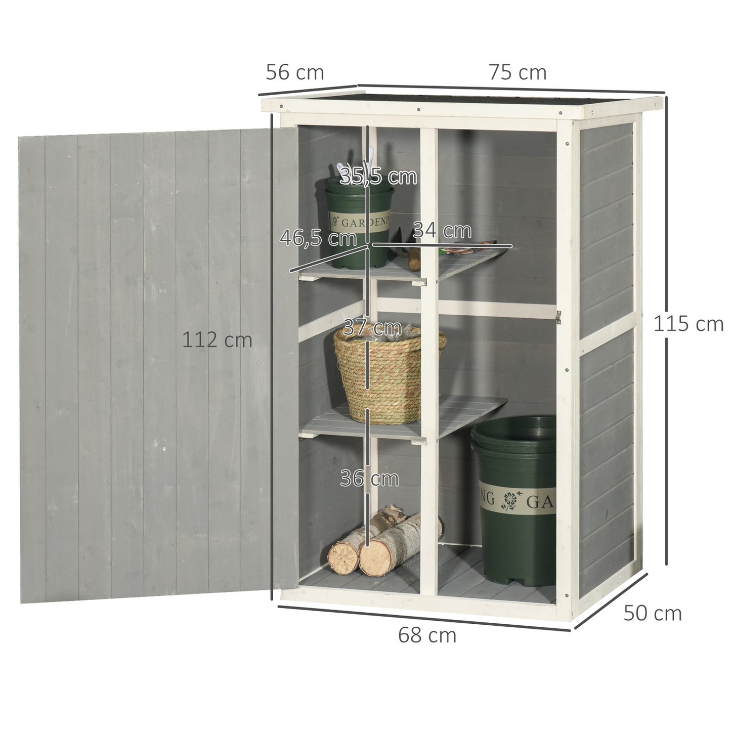 Tool storage for garden shed, spruce, 75x56x115cm, black/grey/white