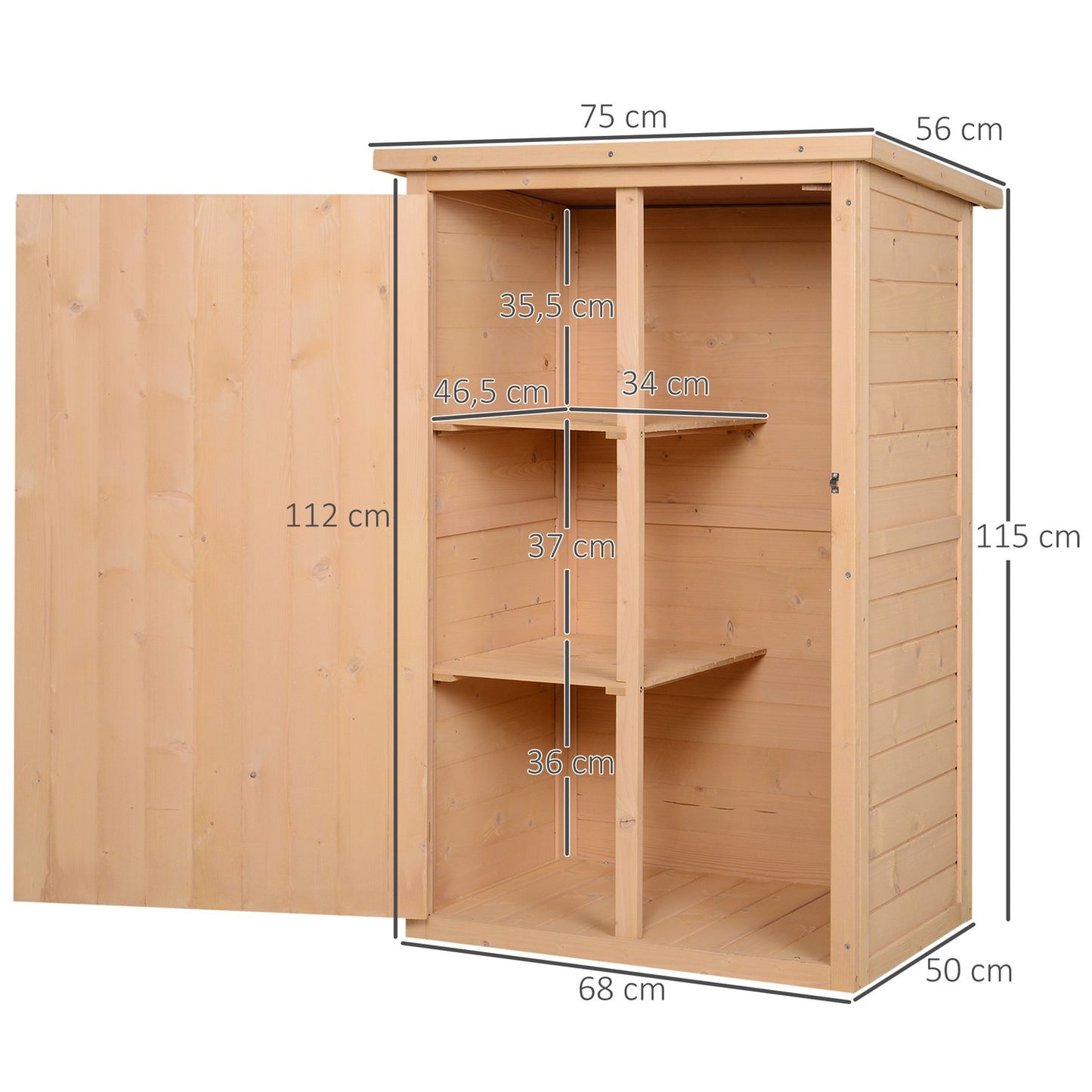 Garden tool shed with shelves, spruce wood, 75x56x115 cm