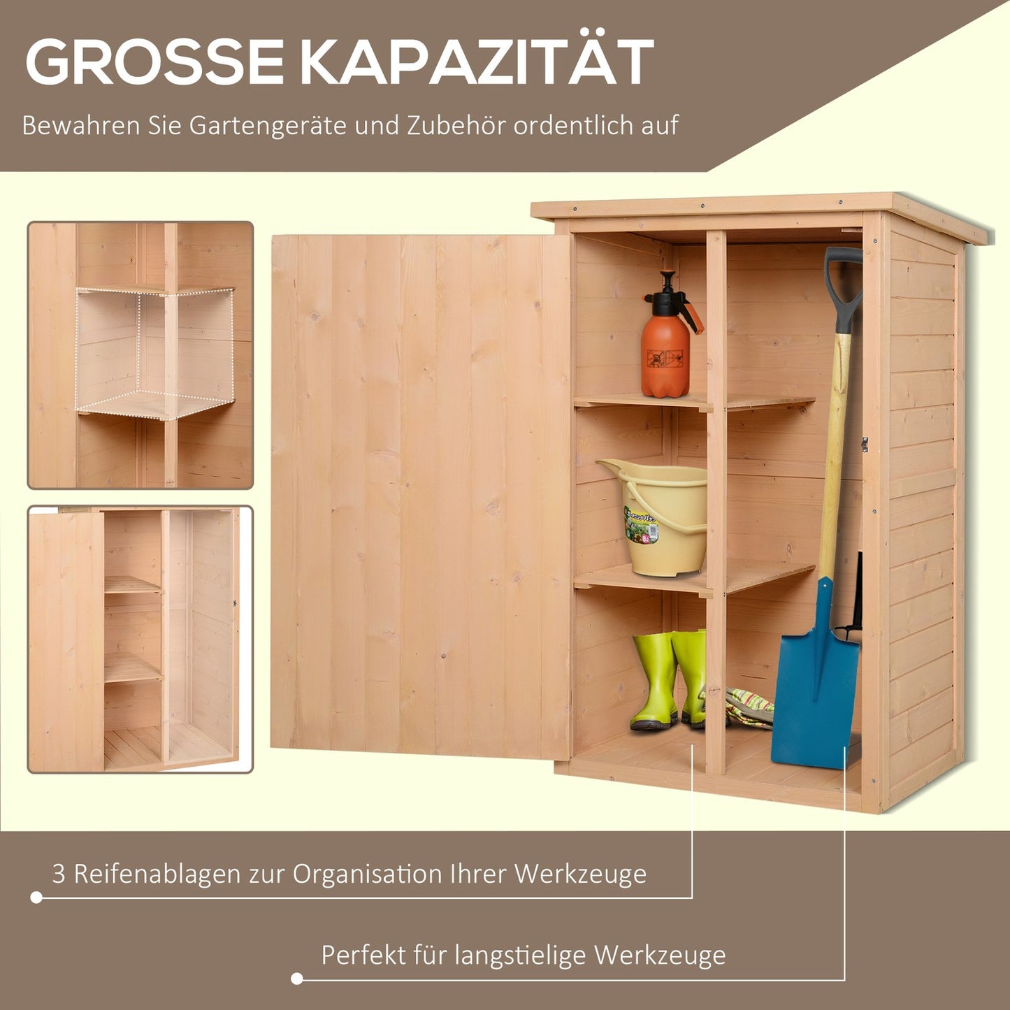 Garden tool shed with shelves, spruce wood, 75x56x115 cm