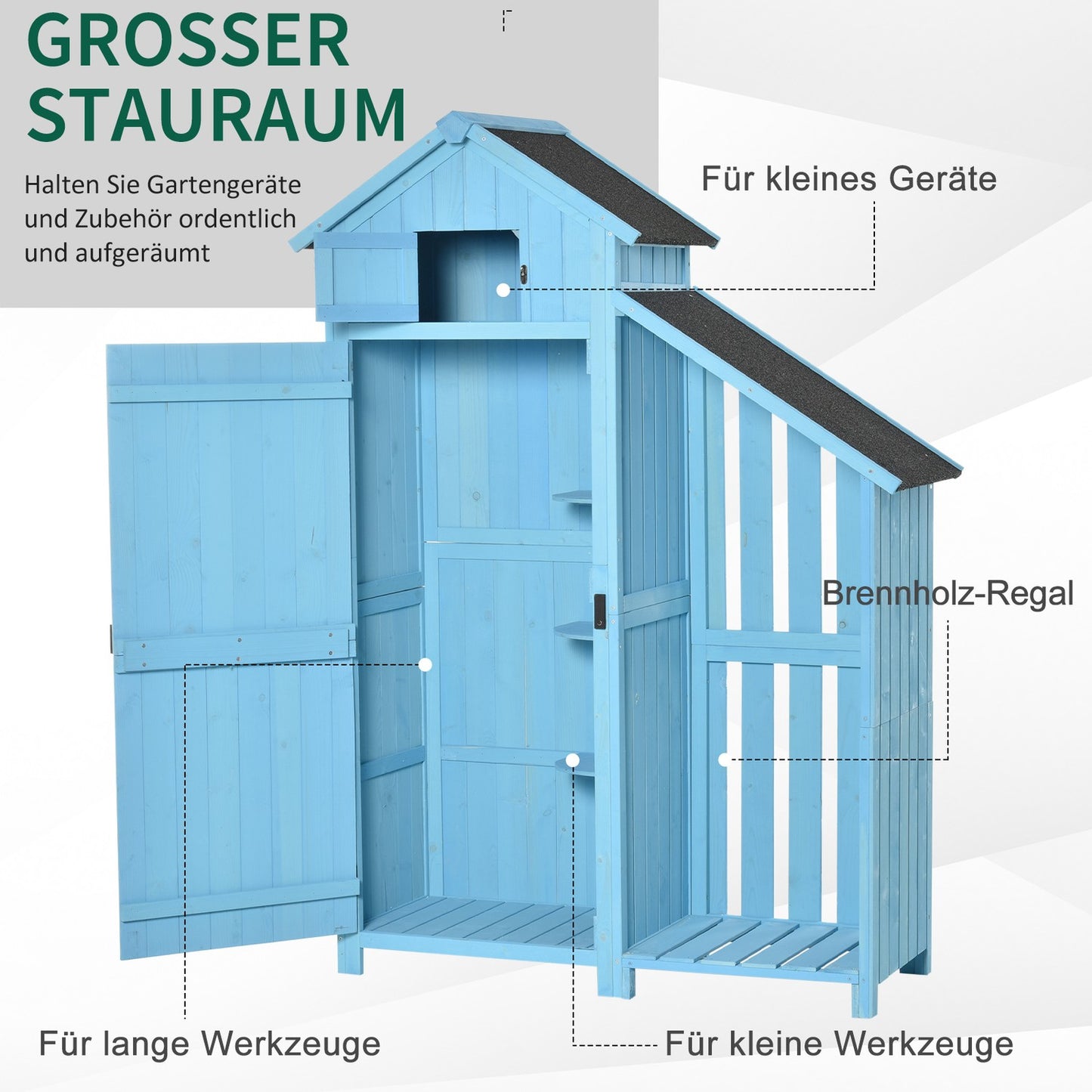 Sky blue garden shed, firewood storage, 3 shelves, 130x54.5x180 cm
