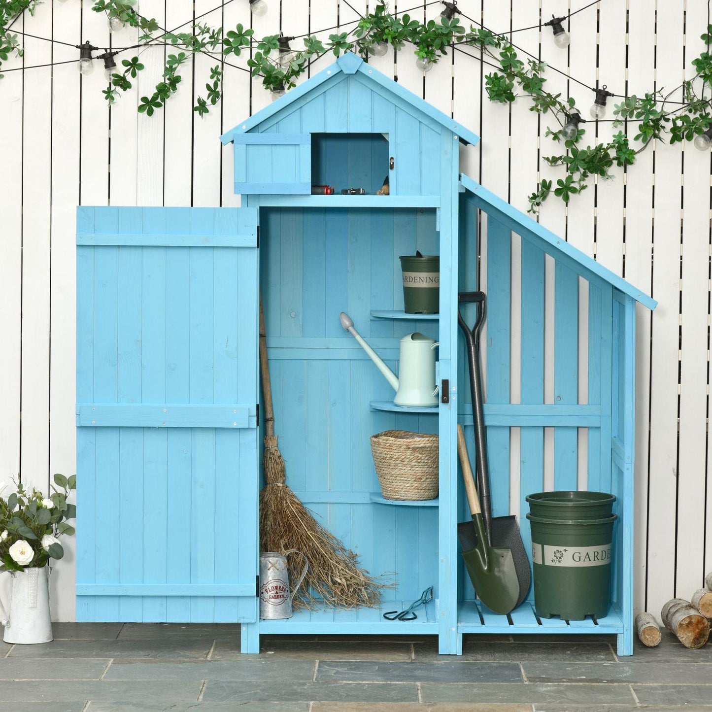 Sky blue garden shed, firewood storage, 3 shelves, 130x54.5x180 cm