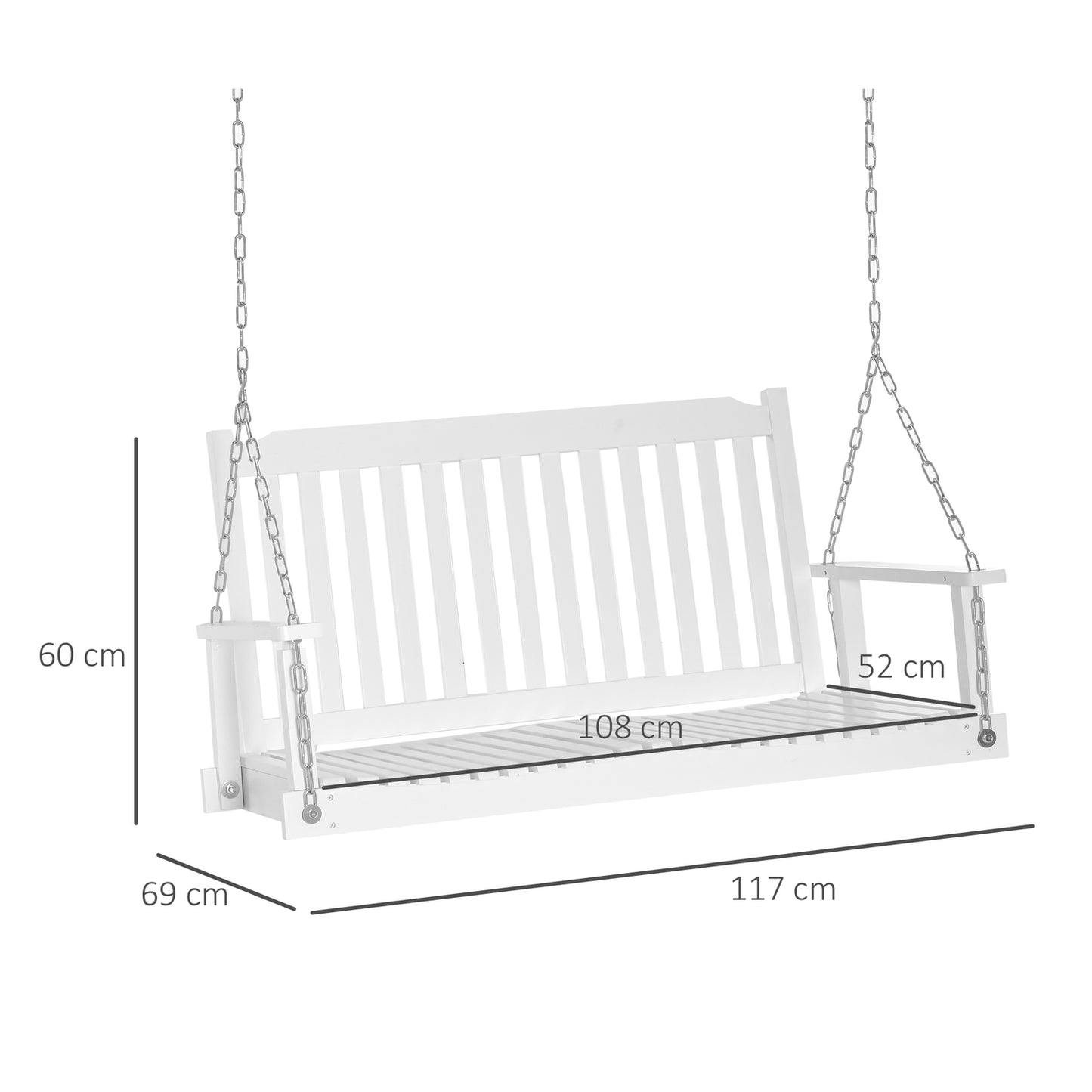 Garden swing bench for 2, solid wood, white, 117x69x60cm