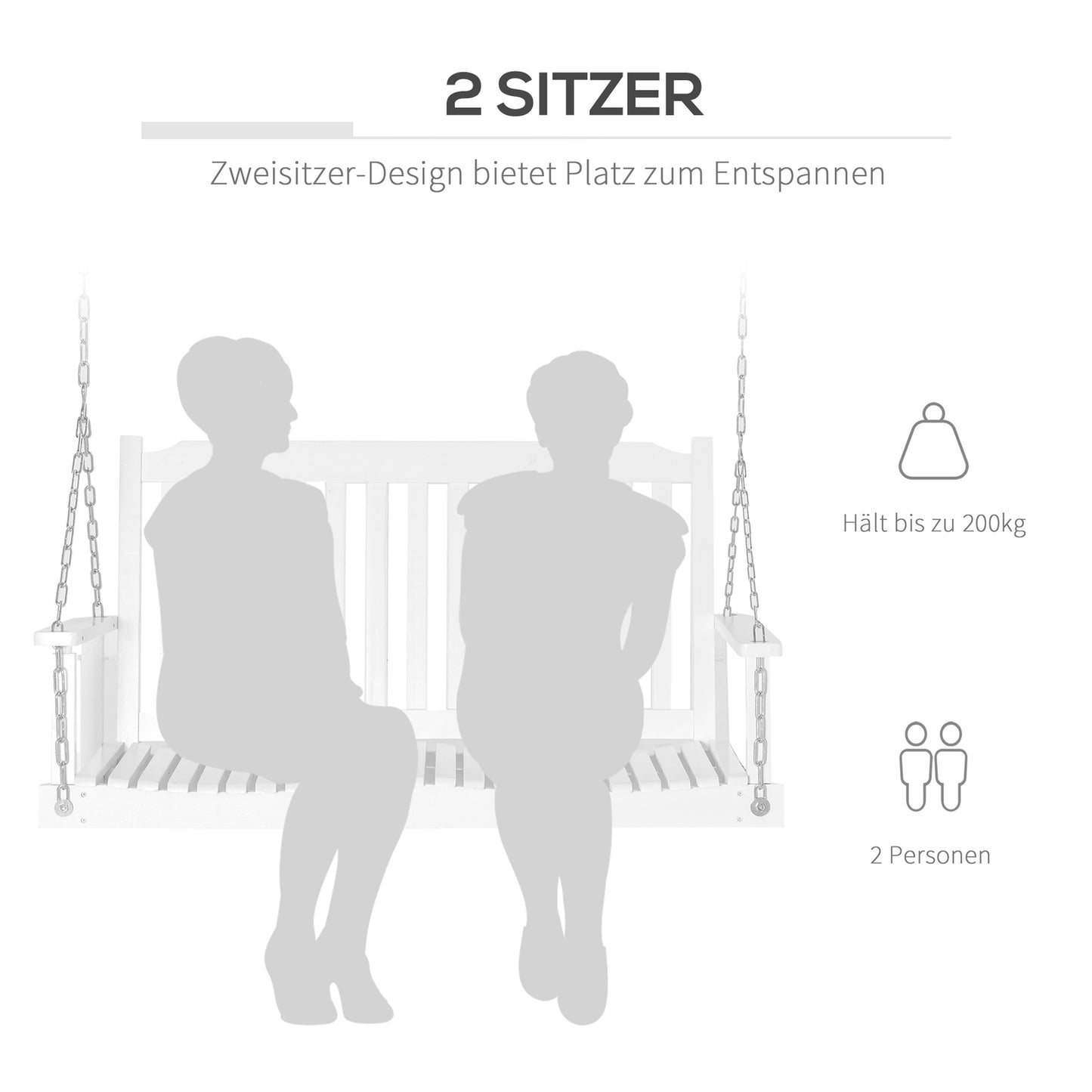 Garden swing bench for 2, solid wood, white, 117x69x60cm