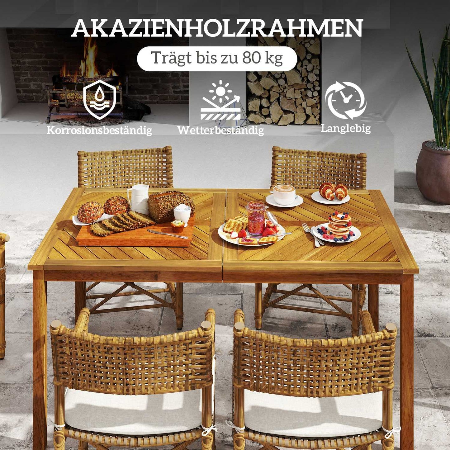 Garden table 150x85cm, weatherproof balcony table made of wood, 6 people with umbrella hole, slat design natural wood