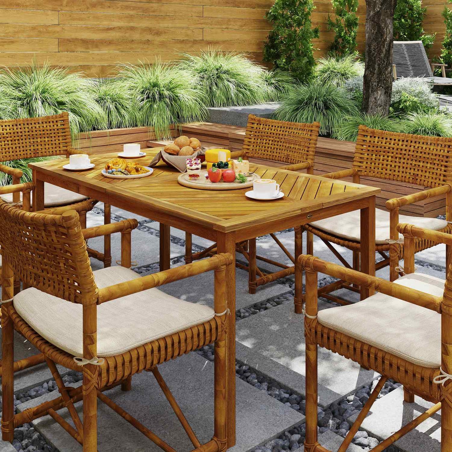 Garden table 150x85cm, weatherproof balcony table made of wood, 6 people with umbrella hole, slat design natural wood