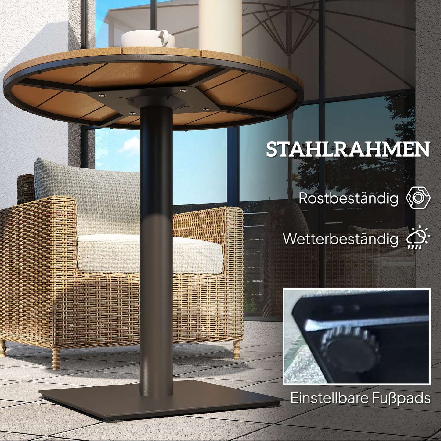 Round steel garden table - weatherproof, 70 cm slat design