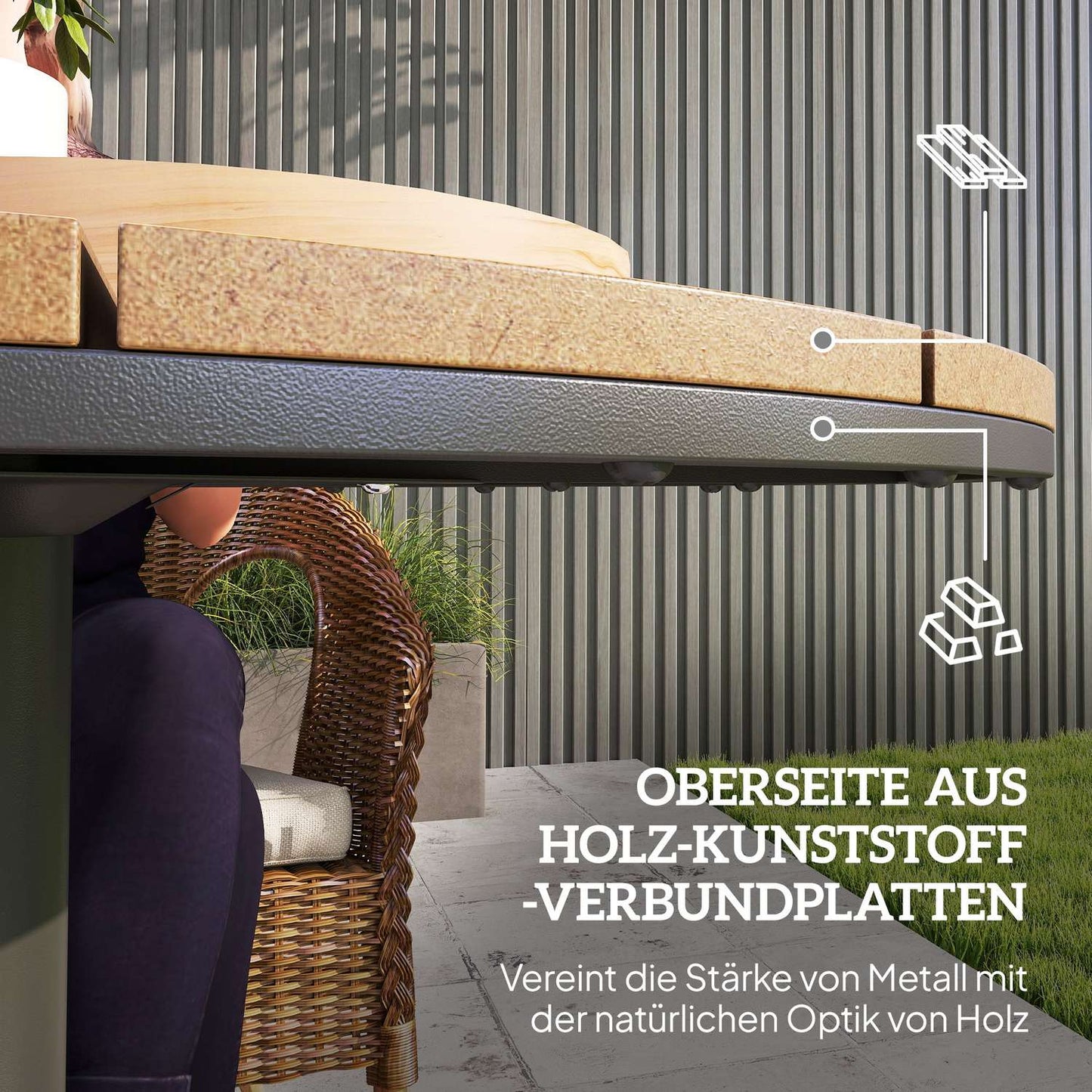 Round steel garden table - weatherproof, 70 cm slat design