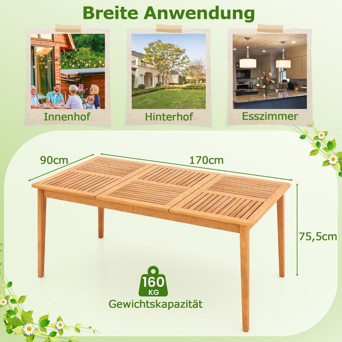 Garden table acacia wood 170 x 90 cm large patio table for 6 people natural