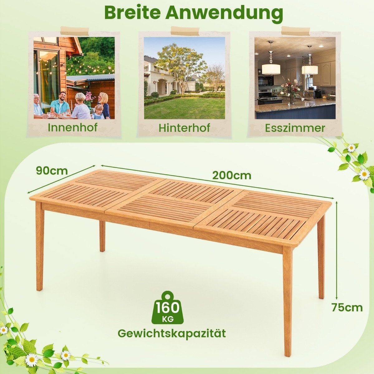 Garden table acacia wood 200 x 90 cm large patio table for 8 people natural