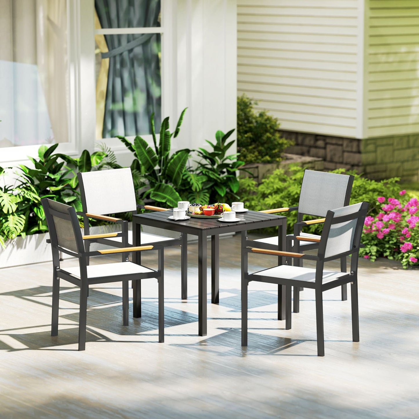 Outdoor dining table in aluminium, 73x73 cm, Wooden look