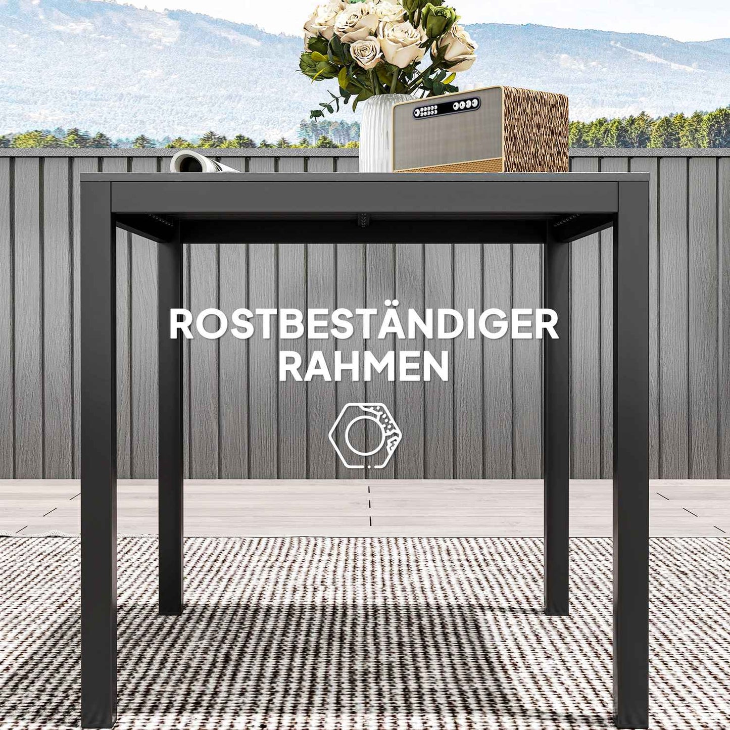 Outdoor dining table in aluminium, 73x73 cm, Wooden look