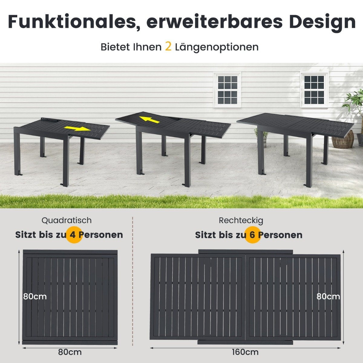 Garden table aluminum extendable 80/160 x 80cm dining table weatherproof dark gray