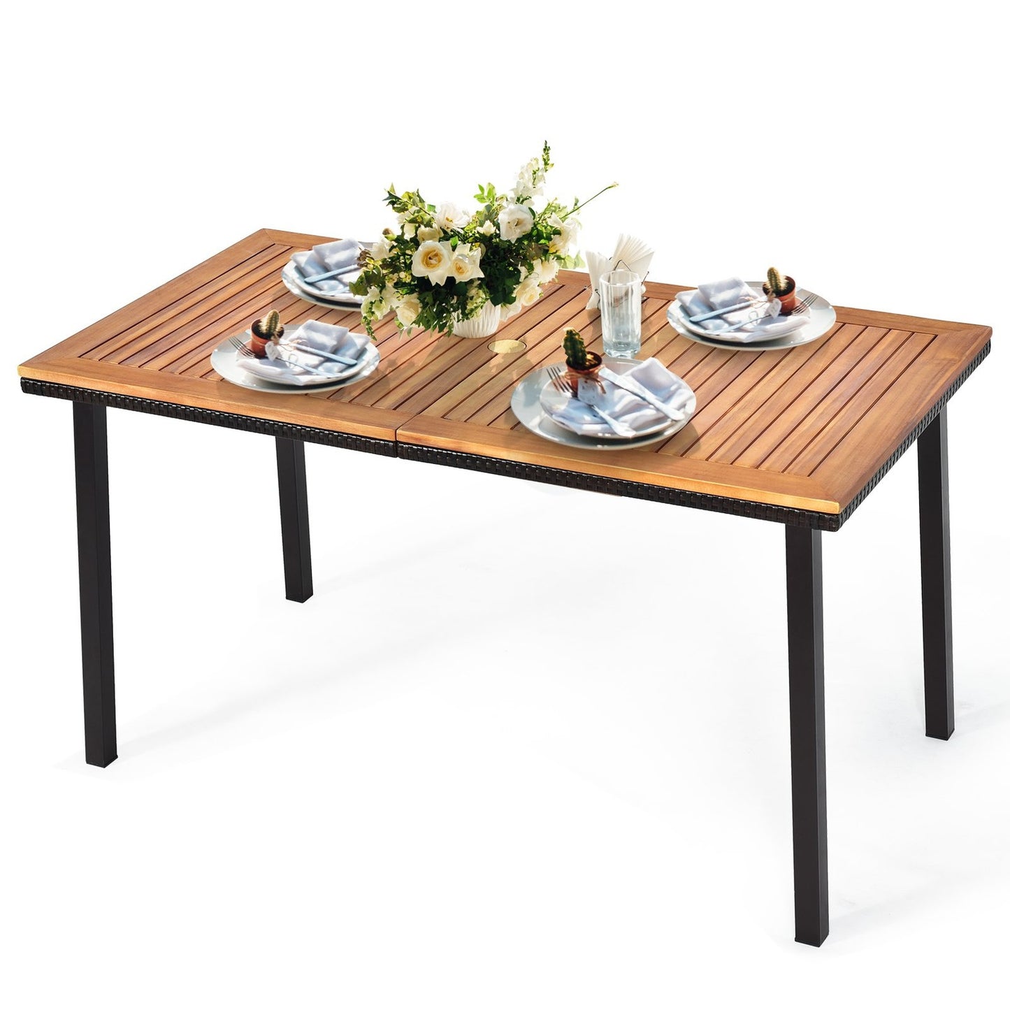 Garden table dining table with umbrella hole wooden table patio table acacia wood 140 x 75 x 76 cm natural