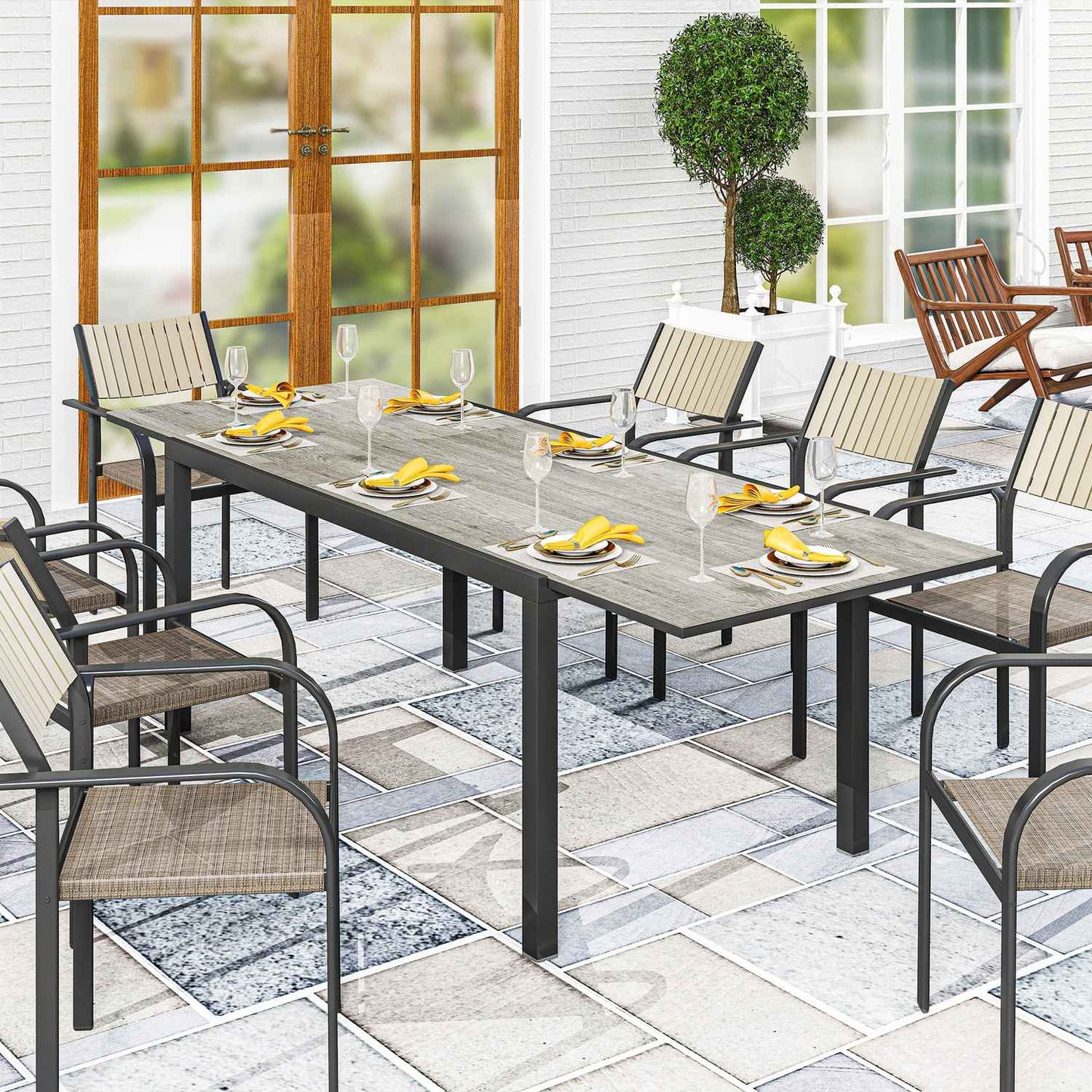 Extendable aluminum garden dining table, 6-8 seats, grey