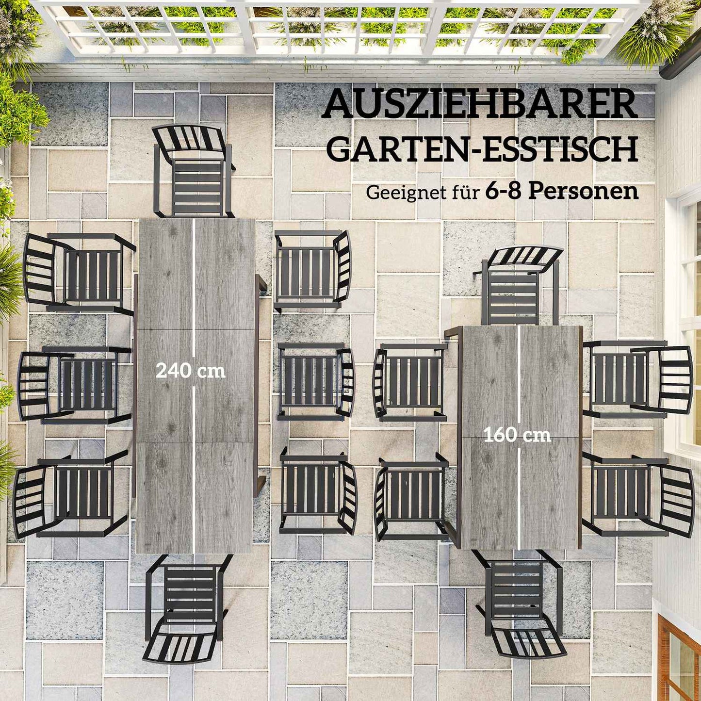 Extendable aluminum garden dining table, 6-8 seats, grey