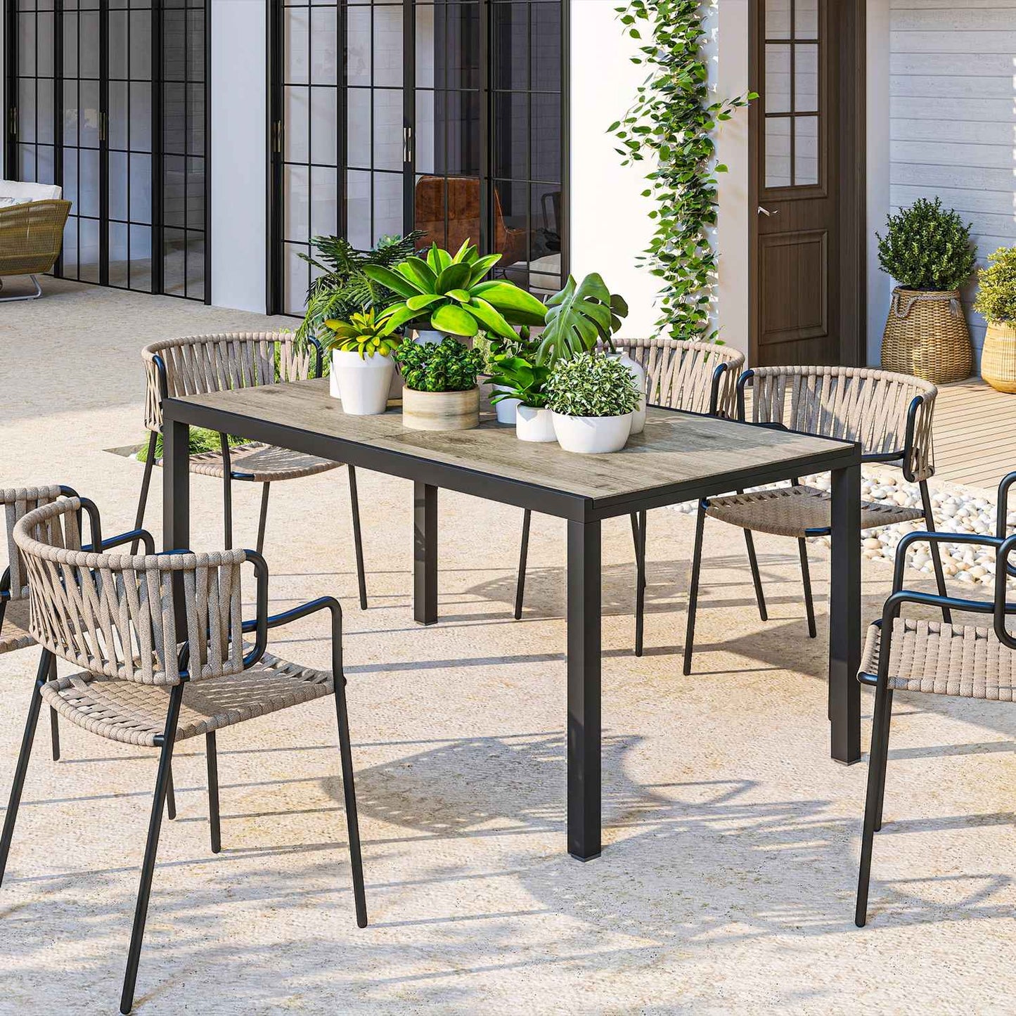 Extendable aluminum garden dining table, 6-8 seats, grey