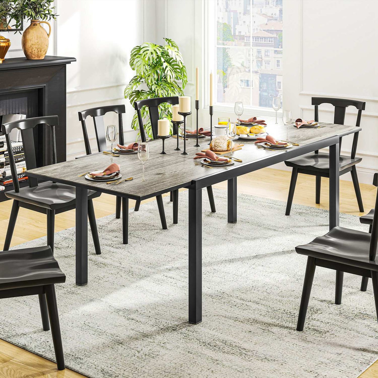 Extendable aluminum garden dining table, 6-8 seats, grey
