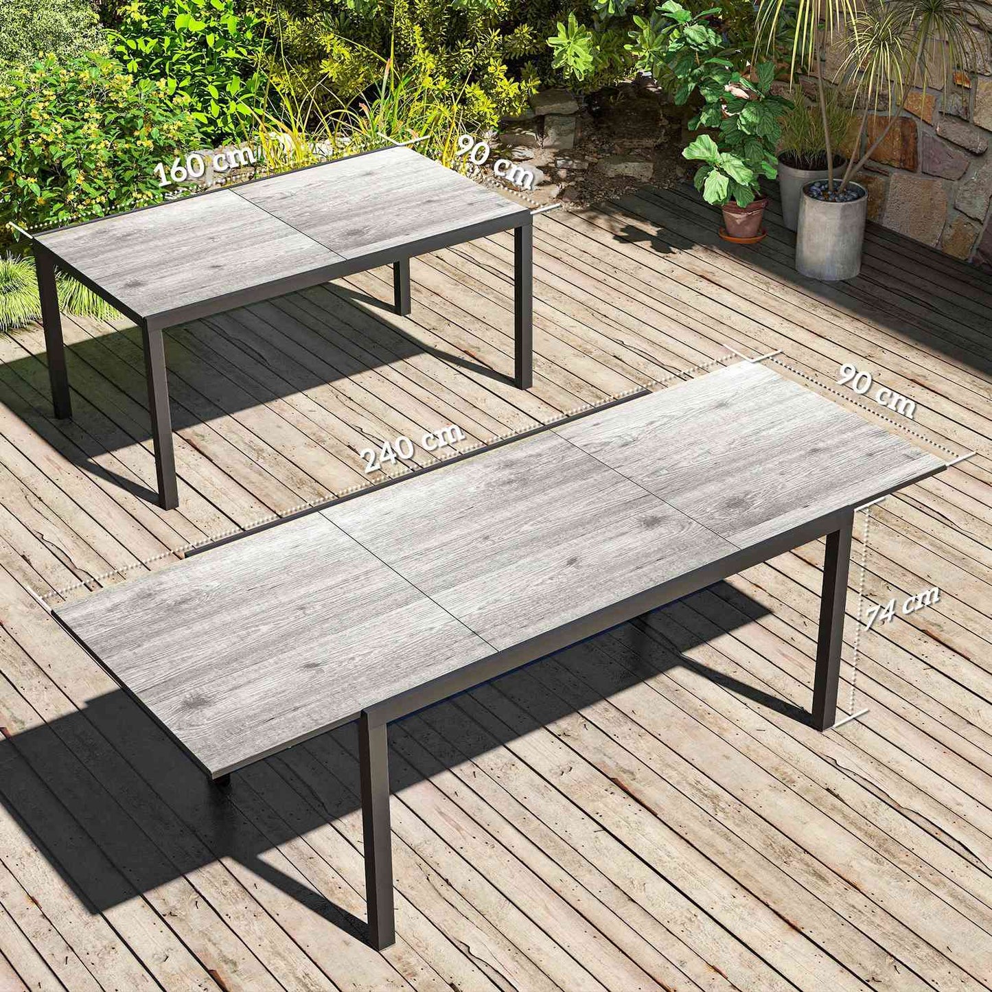 Extendable aluminum garden dining table, 6-8 seats, grey