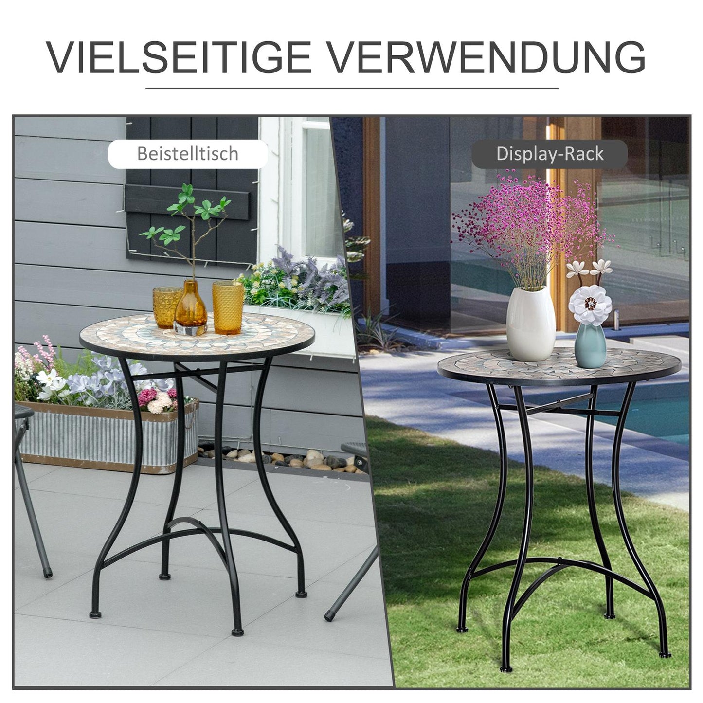 Round Mosaic Garden Table, Steel & Ceramic, Ø60 x H71 cm