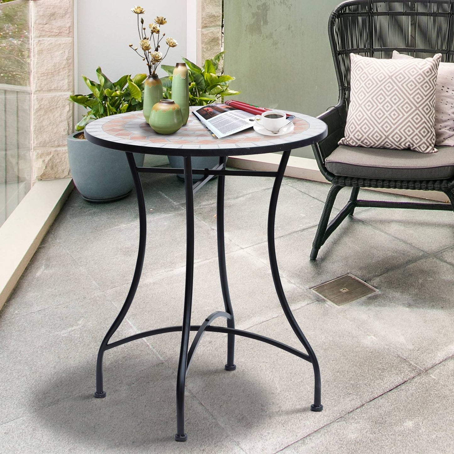 Round Mosaic Garden Table, Steel & Ceramic, Ø60 x H71 cm