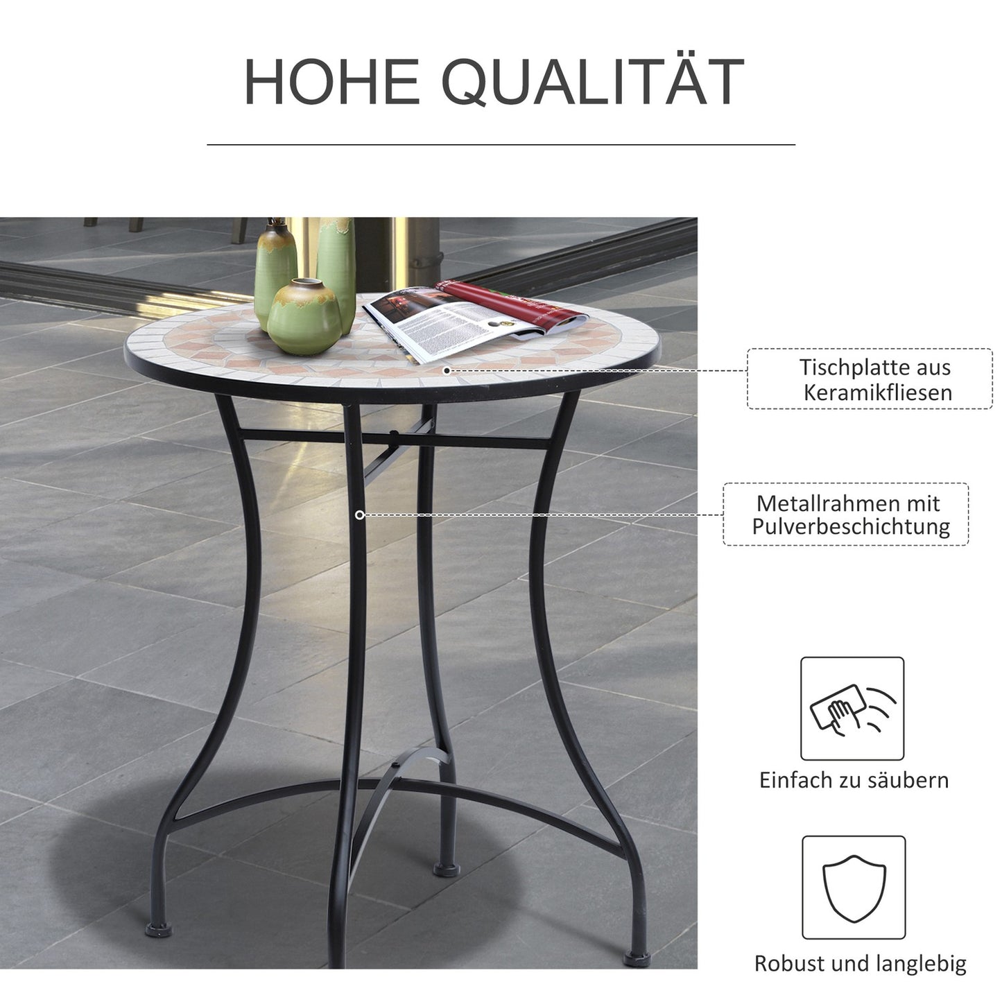 Round Mosaic Garden Table, Steel & Ceramic, Ø60 x H71 cm