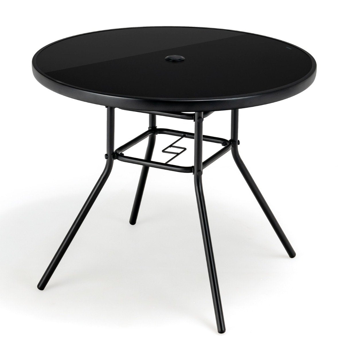 Garden table with tempered glass table top patio table with umbrella hole 86 x 86 x 71 cm black