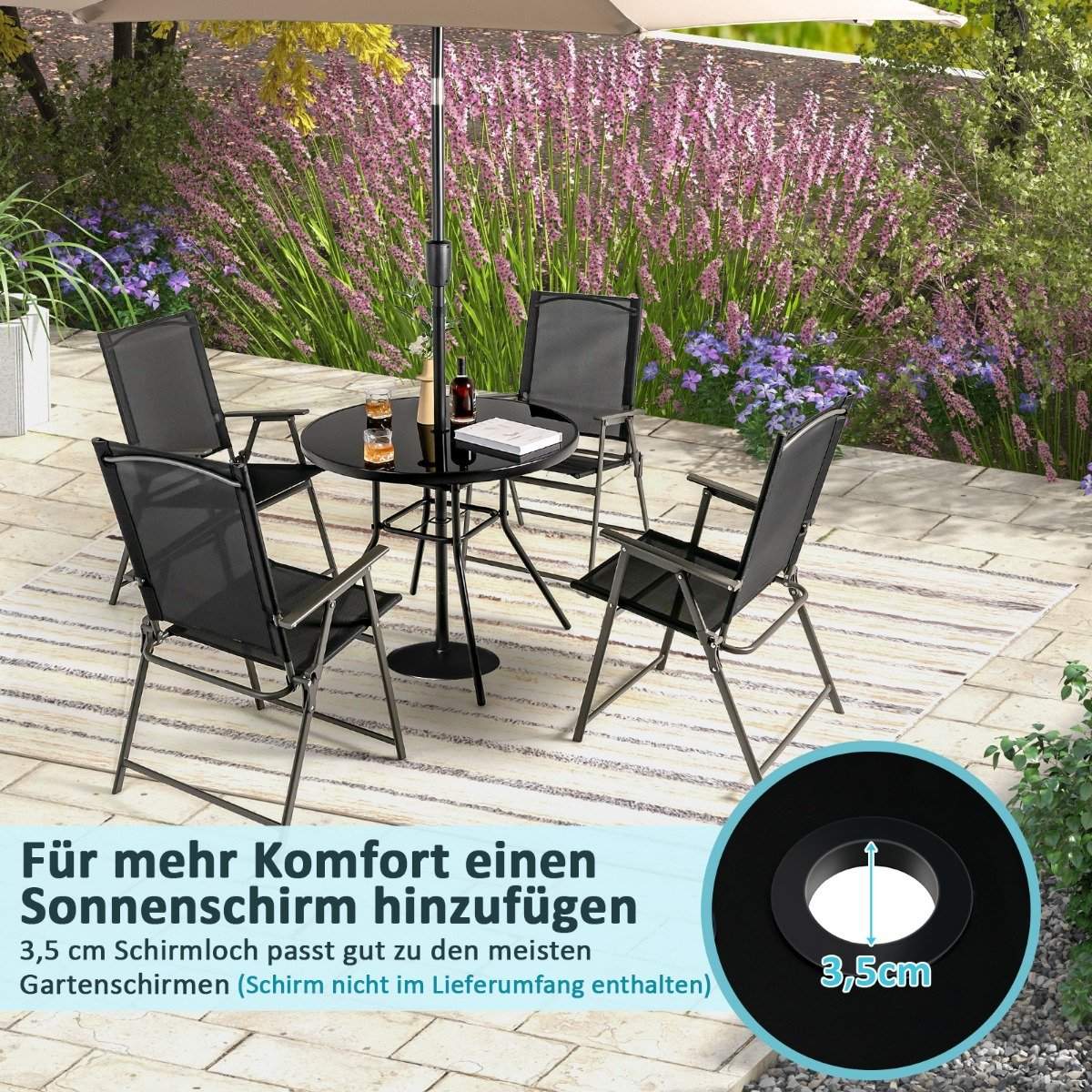 Garden table with tempered glass table top patio table with umbrella hole 86 x 86 x 71 cm black