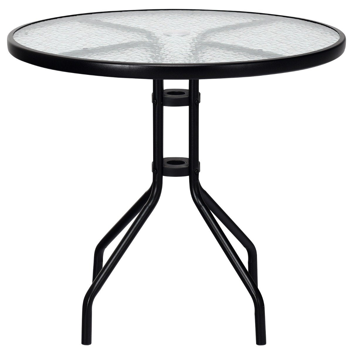 Garden table with tempered glass table top & umbrella hole & metal frame patio table
