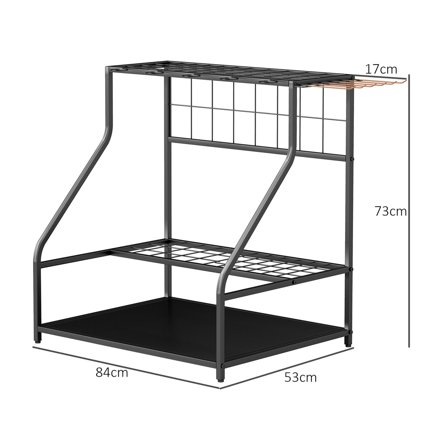 Garden tool organizer in 3 levels with hooks, holds 20 tools