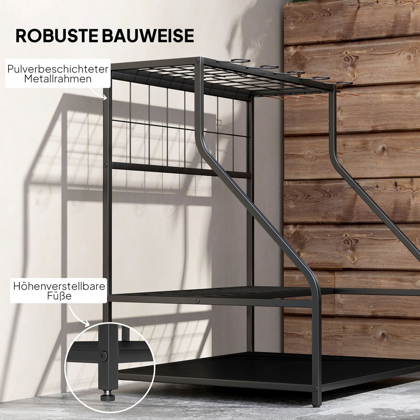 Garden tool organizer in 3 levels with hooks, holds 20 tools