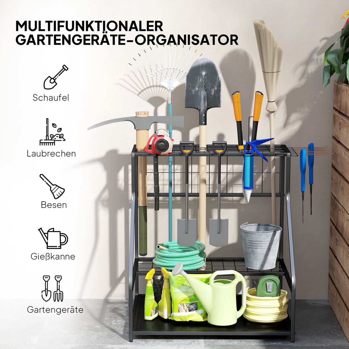 Garden tool organizer in 3 levels with hooks, holds 20 tools