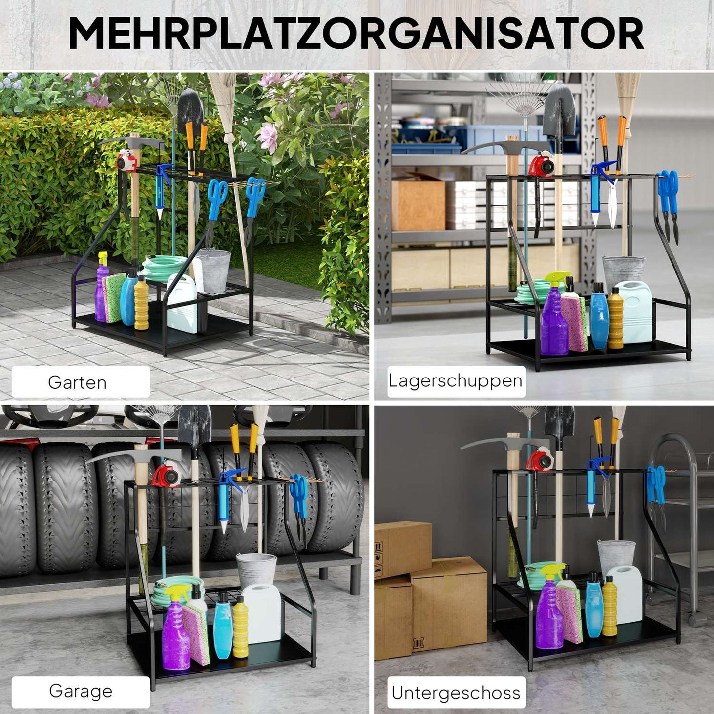 Garden tool organizer in 3 levels with hooks, holds 20 tools