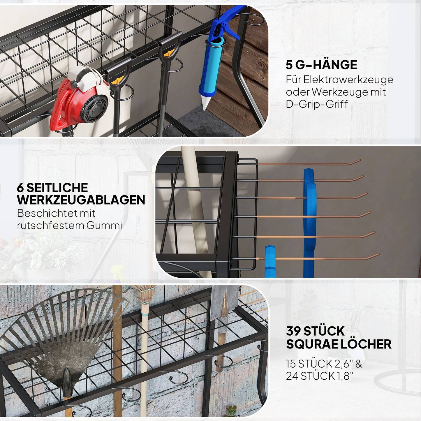 Garden tool organizer in 3 levels with hooks, holds 20 tools