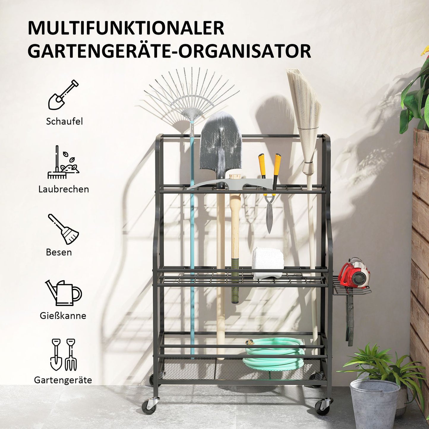 Garden tool rack with hooks - 3 levels, 40 kg load capacity