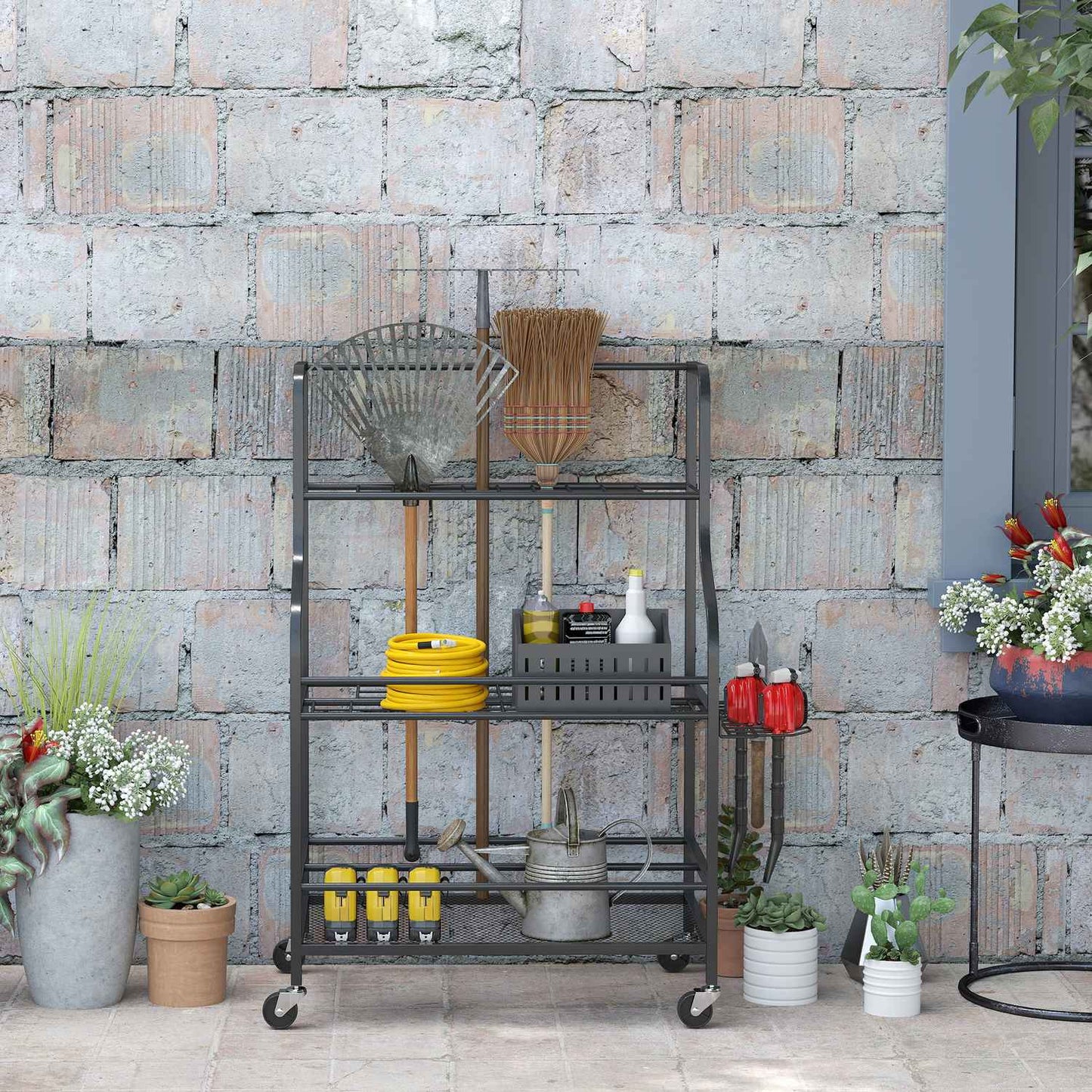 Garden tool rack with hooks - 3 levels, 40 kg load capacity