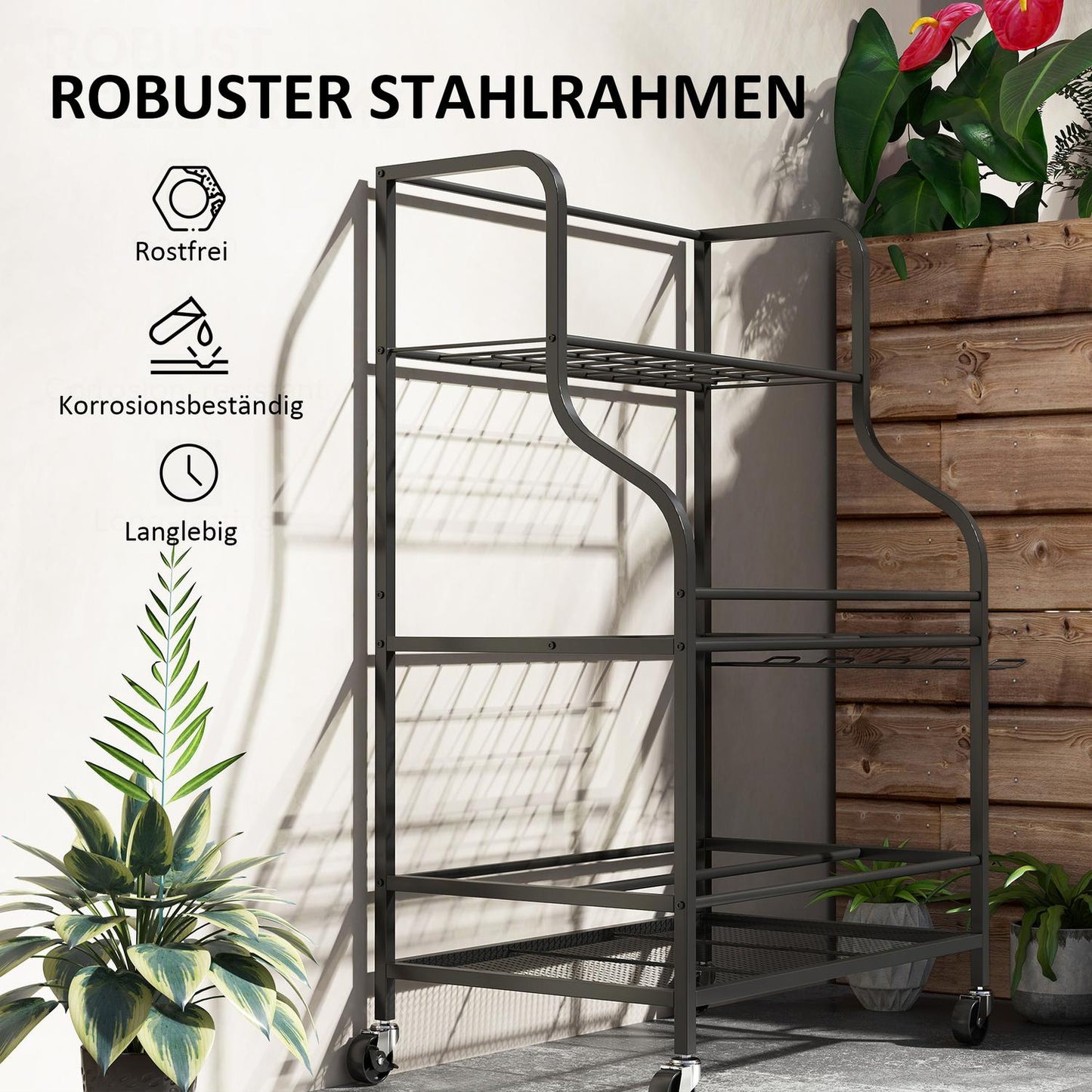Garden tool rack with hooks - 3 levels, 40 kg load capacity