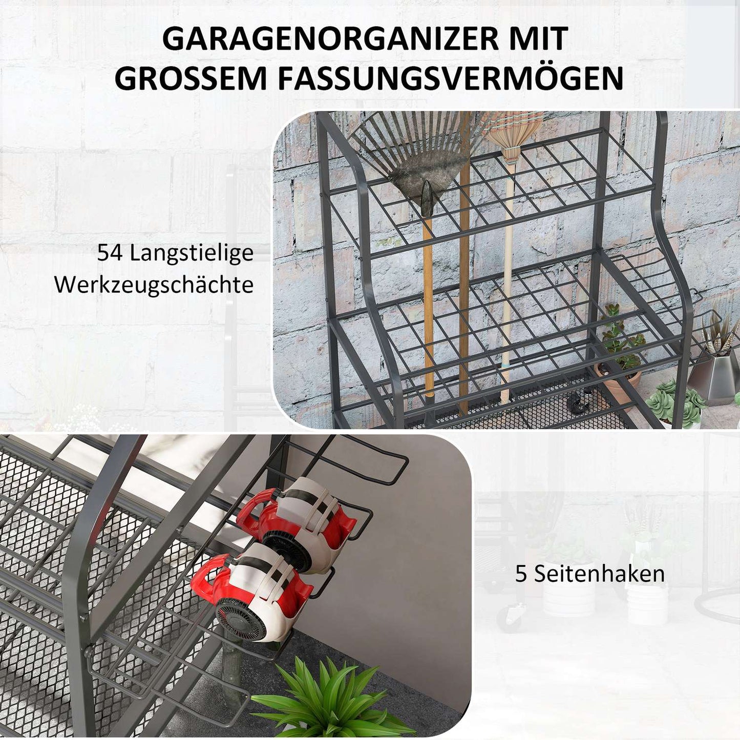 Garden tool rack with hooks - 3 levels, 40 kg load capacity
